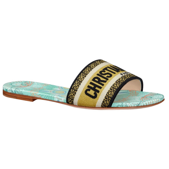 Christian Dior In Lights Dway Turquoise Embroidered Logo Slide Flat Sandal 35
